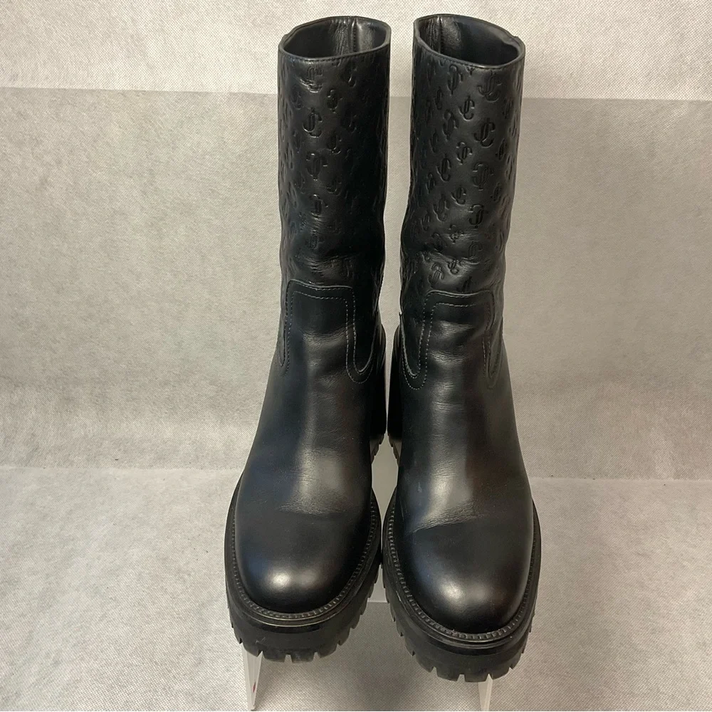Jimmy Choo Monogram Embossed Leather Wedge Boots- Black- Barely Worn- Size 37.5 - Picture 3 of 14